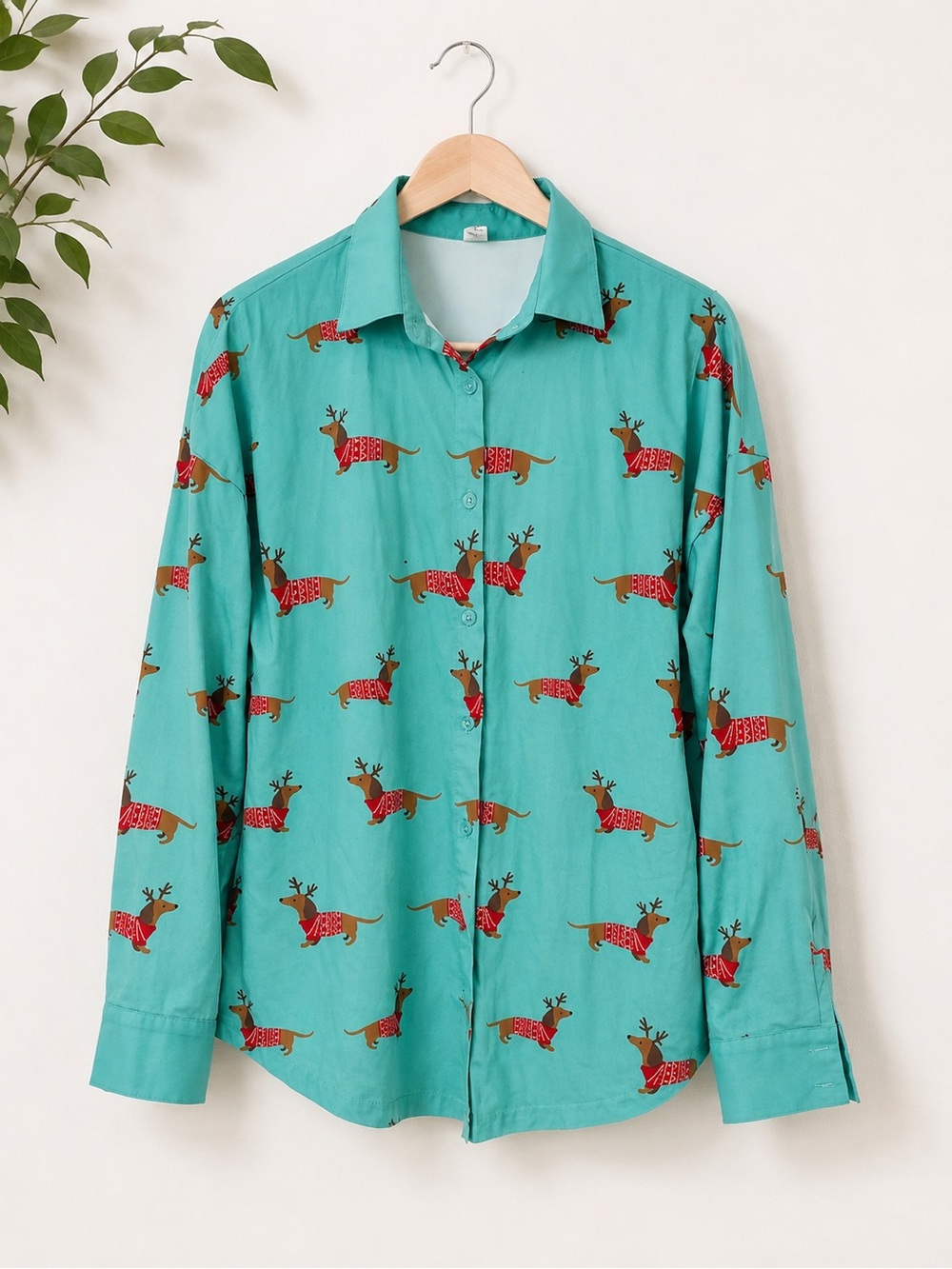 Women's Teal Button-Down Shirt with Reindeer Dachshund